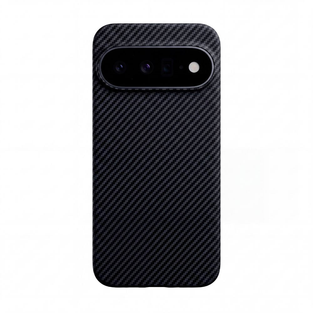 A black carbon fiber google pixel 11 phone case with a raised camera bezel, shown on a plain white background.