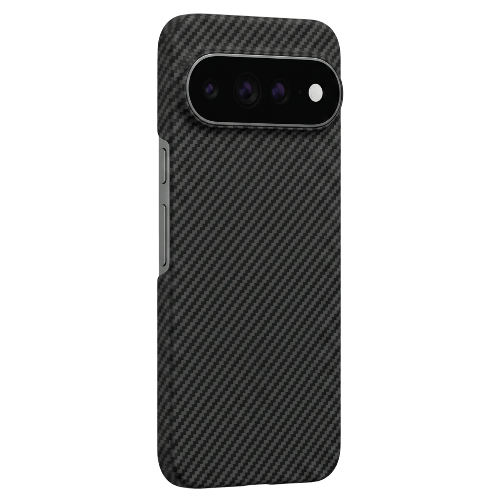 A pixel 11 case with a black carbon fiber weave pattern, shown on a solid background.