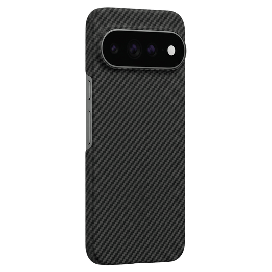 A pixel 11 case with a black carbon fiber weave pattern, shown on a solid background.