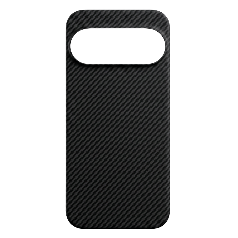 A carbon fiber textured phone case with a large horizontal camera cutout, shown on a solid green background.
