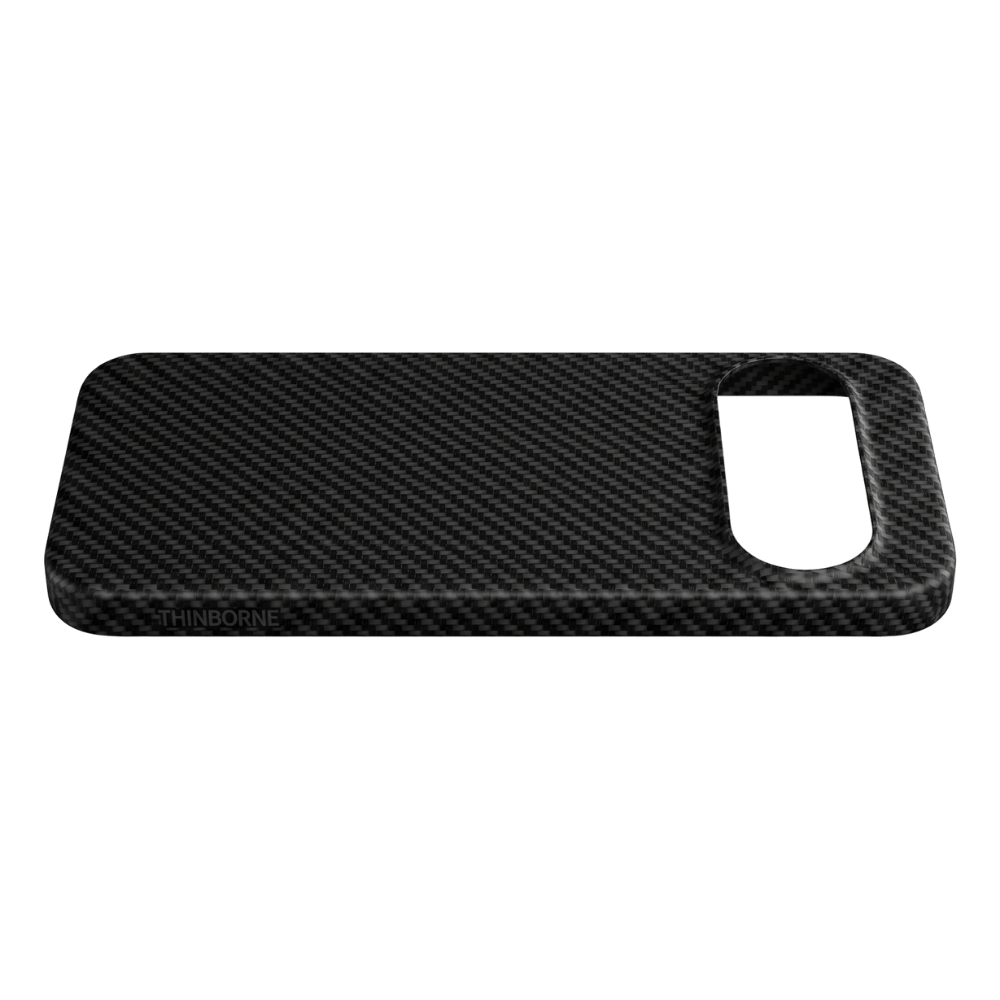 A black carbon fiber google pixel 11 phone case with a camera cutout, shown against a solid green background.