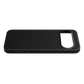 A black carbon fiber google pixel 11 phone case with a camera cutout, shown against a solid green background.