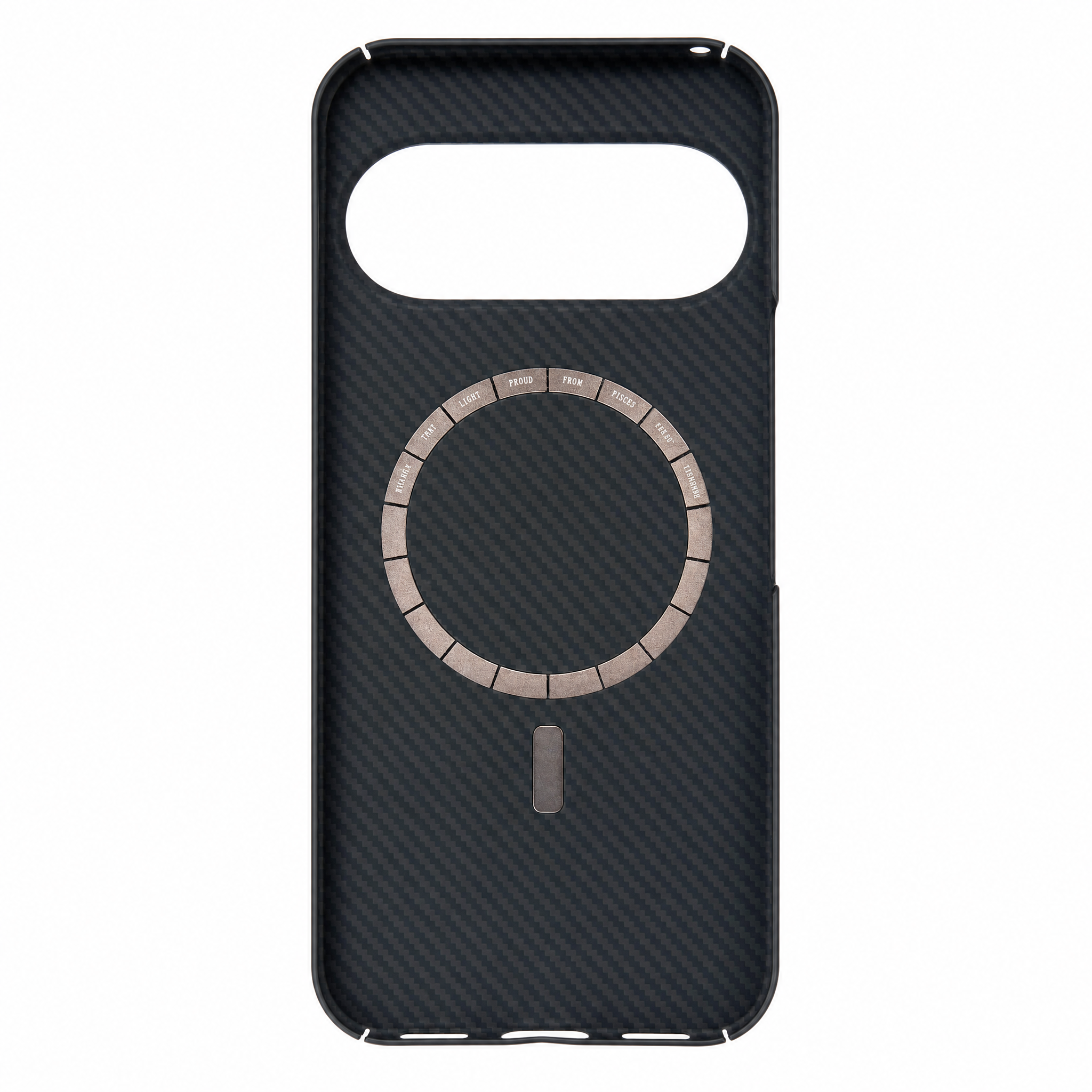 A black carbon fiber google pixel 11 phone case with a circular MagSafe-compatible ring and a small vertical slot, shown on a plain white background.