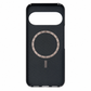 A black carbon fiber google pixel 11 phone case with a circular MagSafe-compatible ring and a small vertical slot, shown on a plain white background.