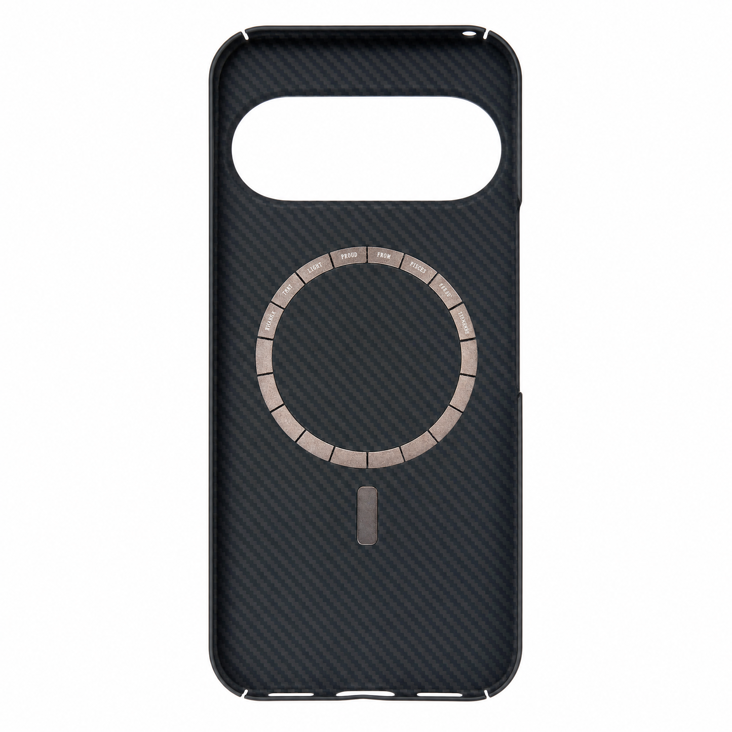 A black carbon fiber google pixel 11 phone case with a circular MagSafe-compatible ring and a small vertical slot, shown on a plain white background.