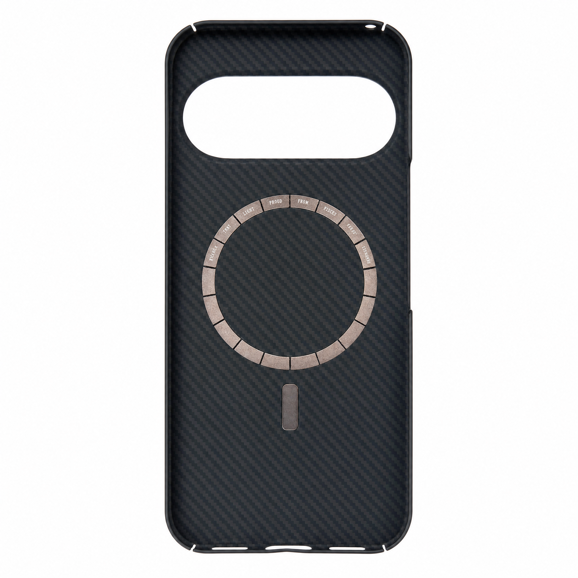A black carbon fiber google pixel 11 phone case with a circular MagSafe-compatible ring and a small vertical slot, shown on a plain white background.