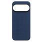 A dark blue google pixel 11 pro phone case with a carbon-fiber weave pattern and a large horizontal camera cutout at the top, shown on a solid green background.