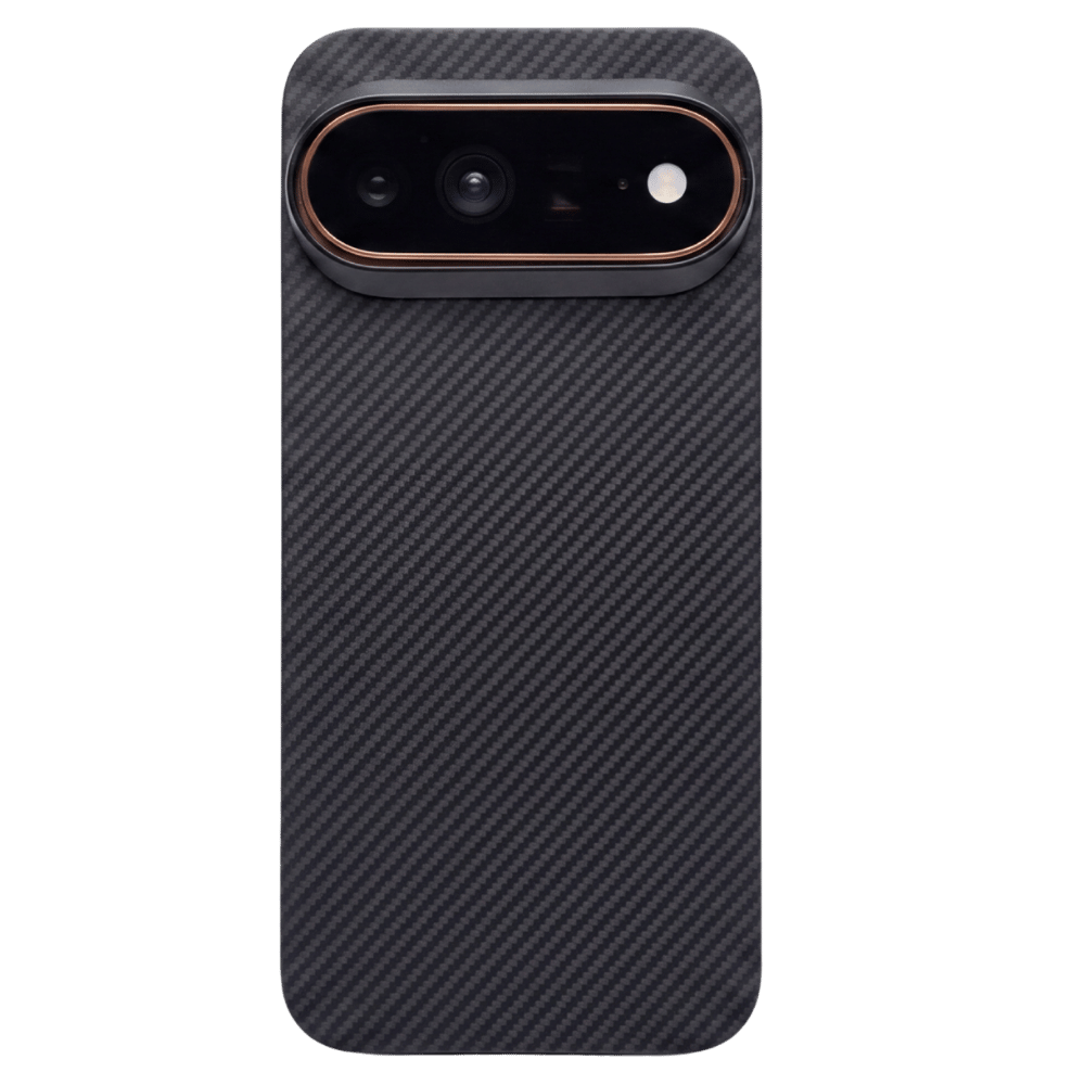 A carbon fiber pixel 11 pro phone case with a black camera bar and a thin copper accent ring, shown on a plain white background.