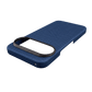 A textured blue carbon-fiber pixel 11 pro phone case with a black camera bezel, shown on a solid green background.