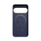 A dark blue textured google pixel 11 pro phone case with a carbon-fiber pattern, featuring a large horizontal camera cutout and a circular MagSafe-compatible ring on the back, shown against a solid green background.