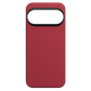 A red carbon fiber GOOGLE PIXEL 11 PRO  phone case with a black camera bezel, shown on a solid green background.