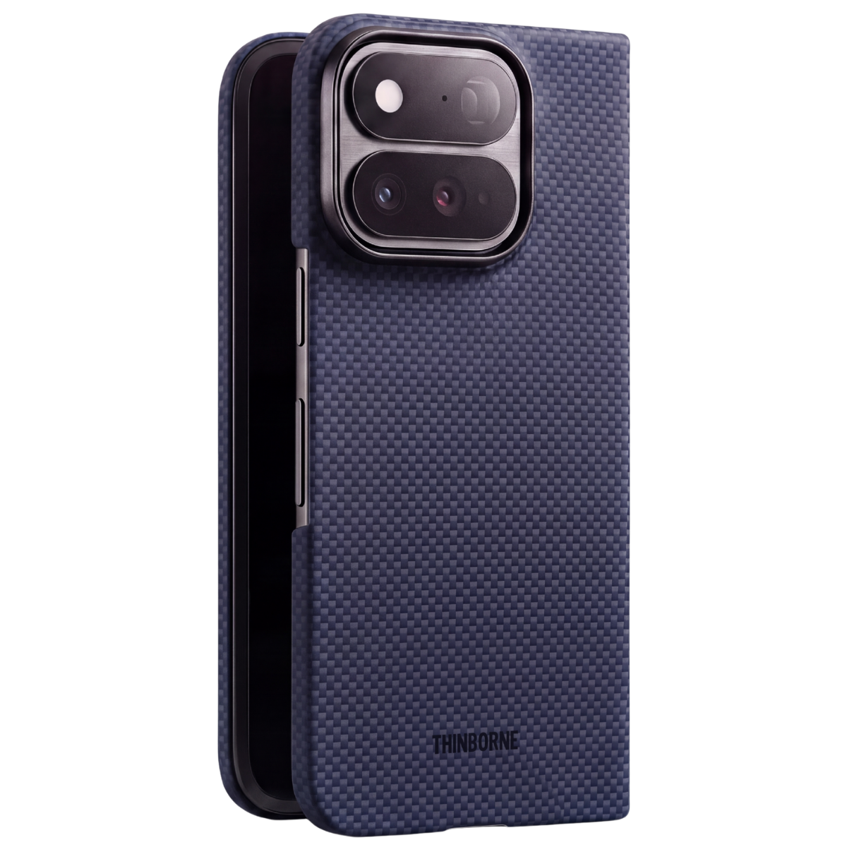 pixel 11 pro fold with navy aramid fiber case standing on the surface 