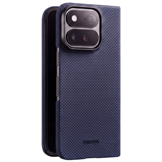 pixel 11 pro fold with navy aramid fiber case standing on the surface 