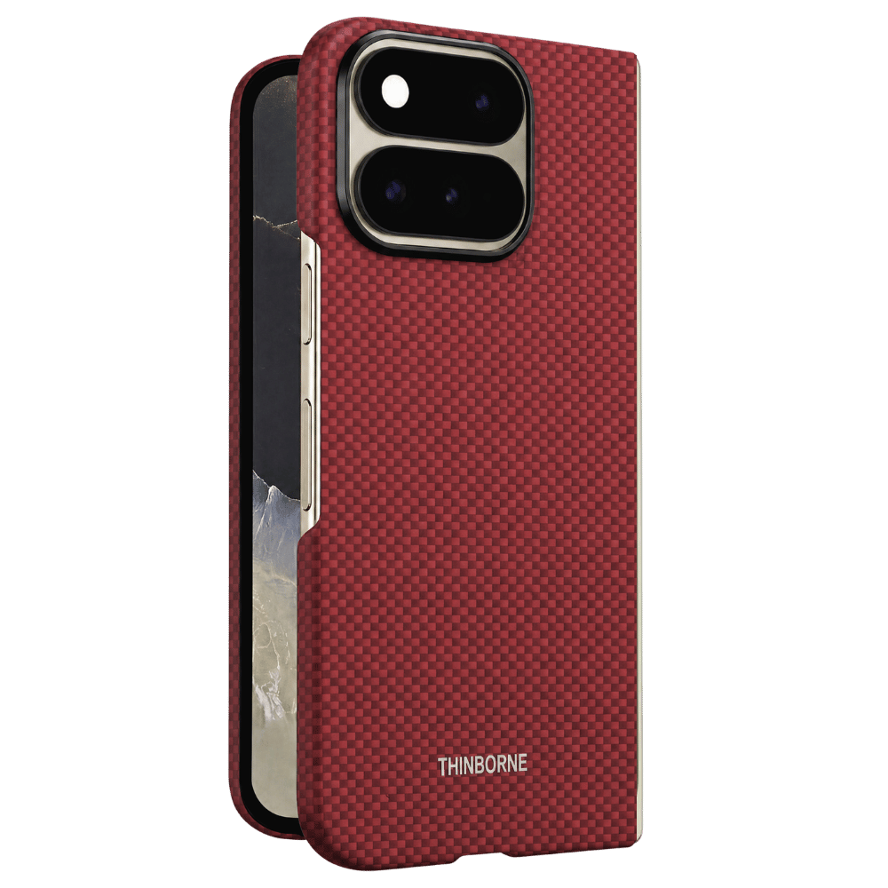 pixel 11 pro fold crimson case with the phone standing on the surface