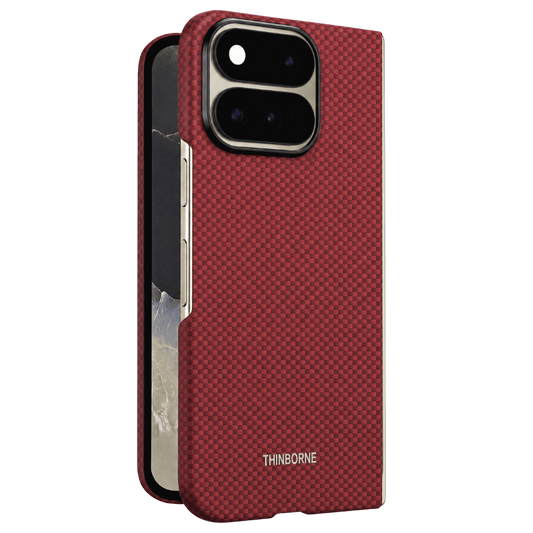 pixel 11 pro fold crimson case with the phone standing on the surface