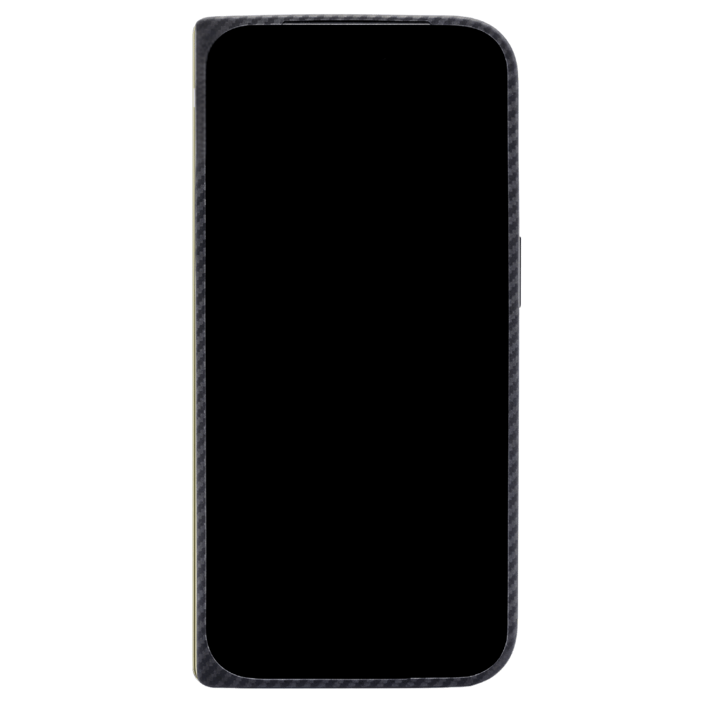 A pixel 11 pro fold case with a black carbon fiber pattern border and a solid black screen protector, shown on a plain white background.