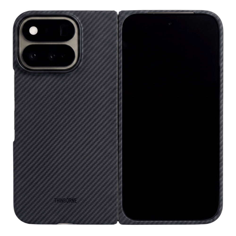 A split-view presentation of a carbon fiber pixel 11 pro fold case, showing the textured back on the left and the front cover on the right, designed for a smartphone with a dual-camera system.