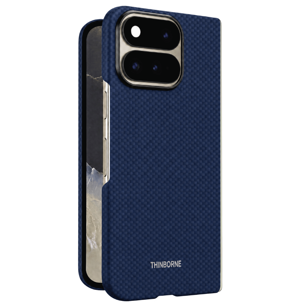 pixel 11 pro fold with navy aramid fiber case standing on the surface