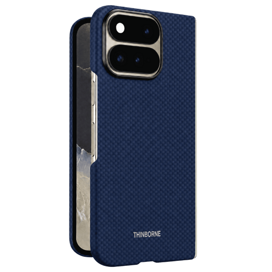 pixel 11 pro fold with navy aramid fiber case standing on the surface