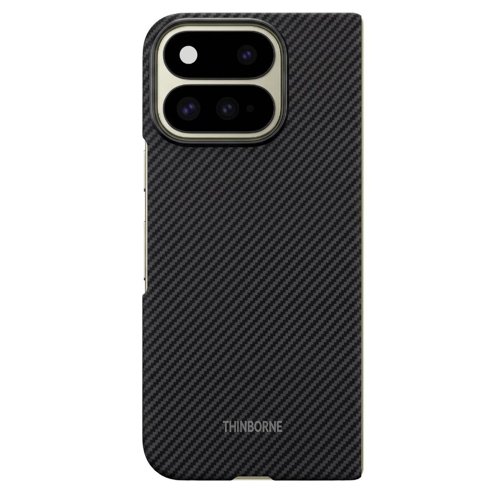 A google pixel 11 pro fold case with a black carbon fiber pattern, shown on a solid green background. The brand name 'THINBORNE' is printed in white near the bottom.
