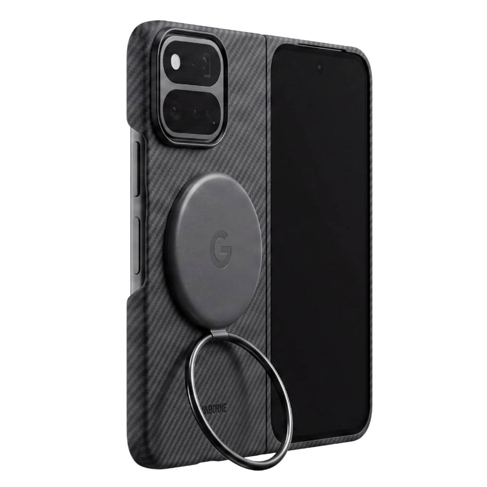 A black carbon fiber pixel 11 pro fold phone case with a built-in MagSafe-compatible circular magnetic ring and a small Google 'G' logo on the back, shown on a white background.