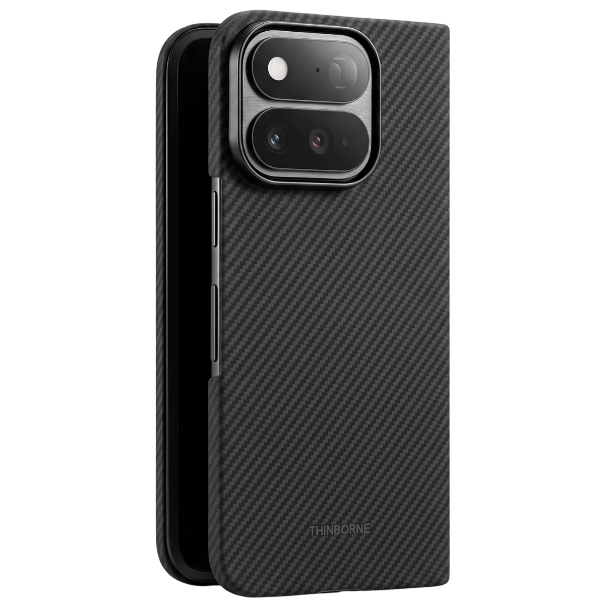 half folded pixel 11 pro fold with aramid fiber case standing in surface show the case design