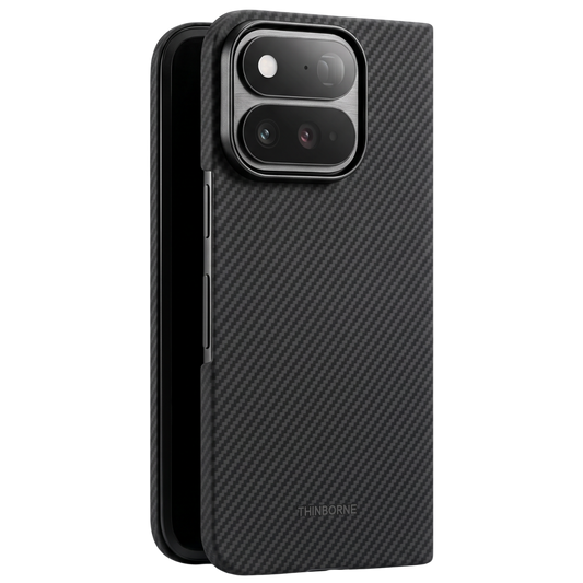 half folded pixel 11 pro fold with aramid fiber case standing in surface show the case design