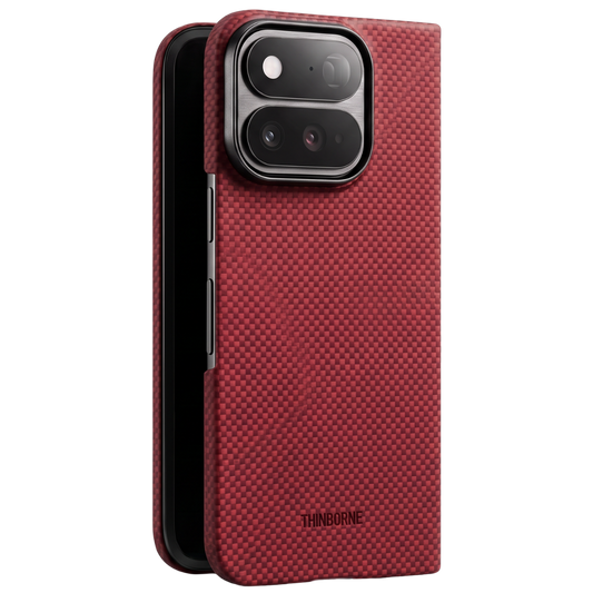 pixel 11 pro fold crimson case with the phone standing on the surface
