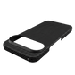 A black carbon fiber pixel 11 pro xl  phone case with a raised camera bezel, shown at an angle on a solid green background.