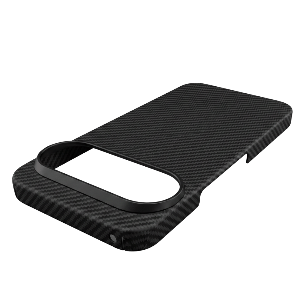 A black carbon fiber pixel 11 pro xl  phone case with a raised camera bezel, shown at an angle on a solid green background.