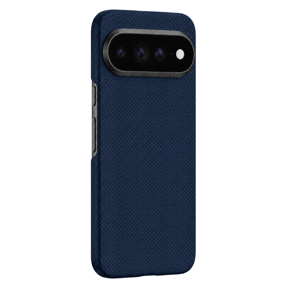 A dark navy blue pixel 11 pro xl  phone case with a black camera bar cutout, shown on a solid green background.