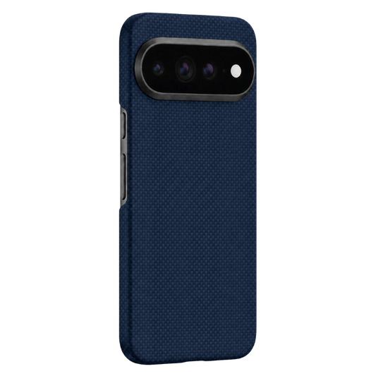 A dark navy blue pixel 11 pro xl  phone case with a black camera bar cutout, shown on a solid green background.