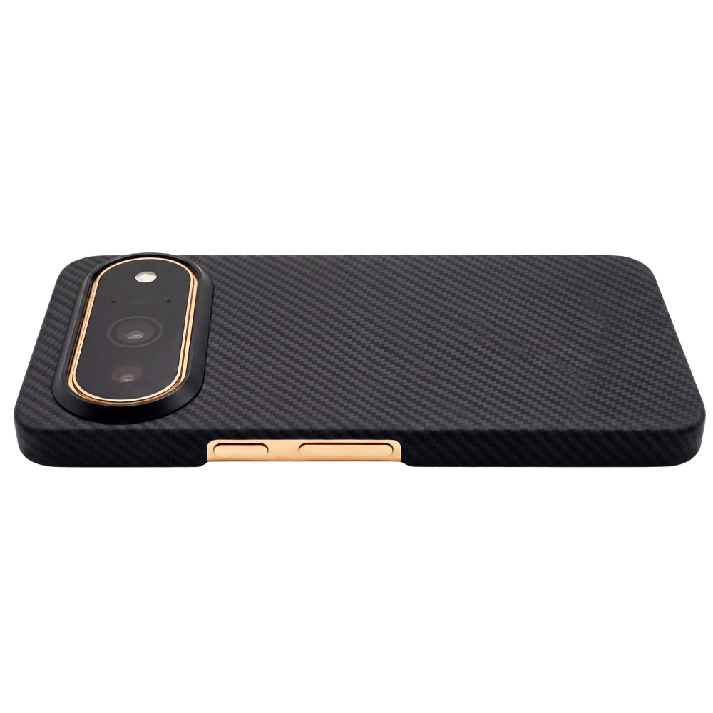 A black carbon fiber textured pixel 11 pro xl phone case with rose gold metallic accents on the camera bezel and side buttons, shown on a plain white background.