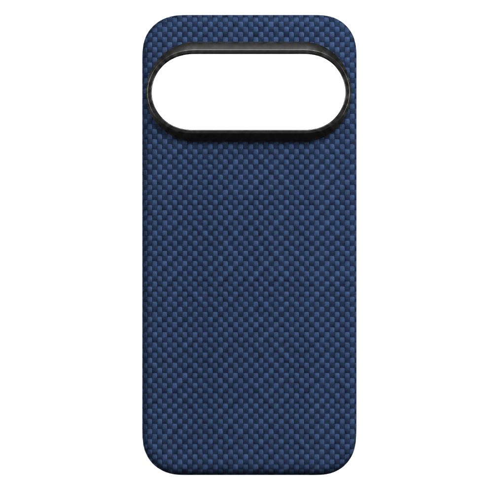 A dark blue google pixel 11 pro xl phone case with a carbon-fiber weave pattern and a large horizontal camera cutout at the top, shown on a solid green background.