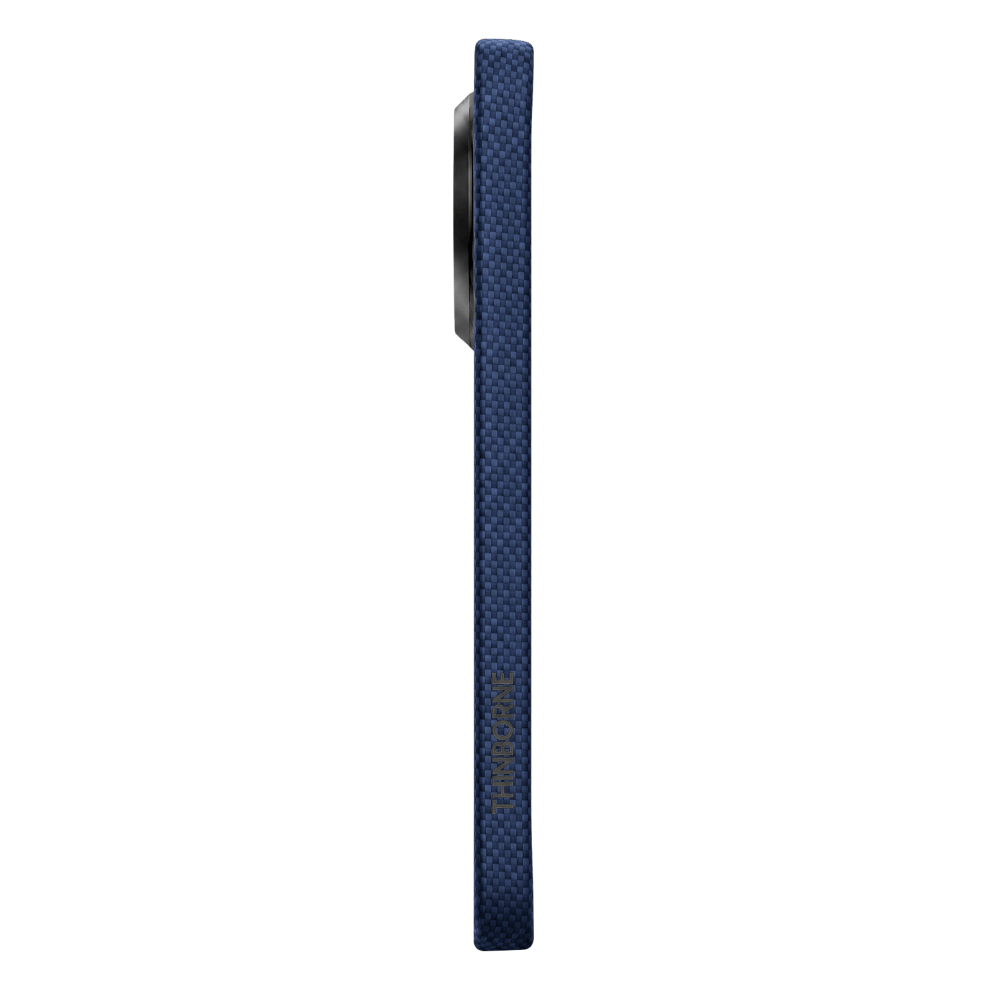 A dark blue pixel 11 pro xl  protective phone case shown from the side profile against a solid green background.