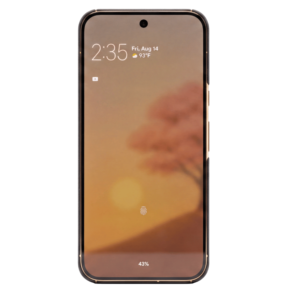 pixel 11 pro xl case on the phone shown from the front on a plain white background, with a black bezel and a warm orange lock screen displaying the time and wallpaper.