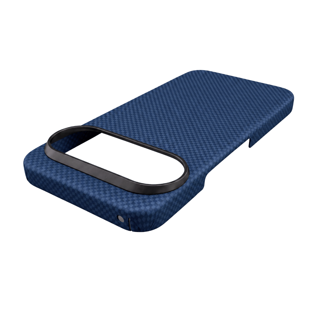 A textured blue carbon-fiber pixel 11 pro xl phone case with a black camera bezel, shown on a solid green background.