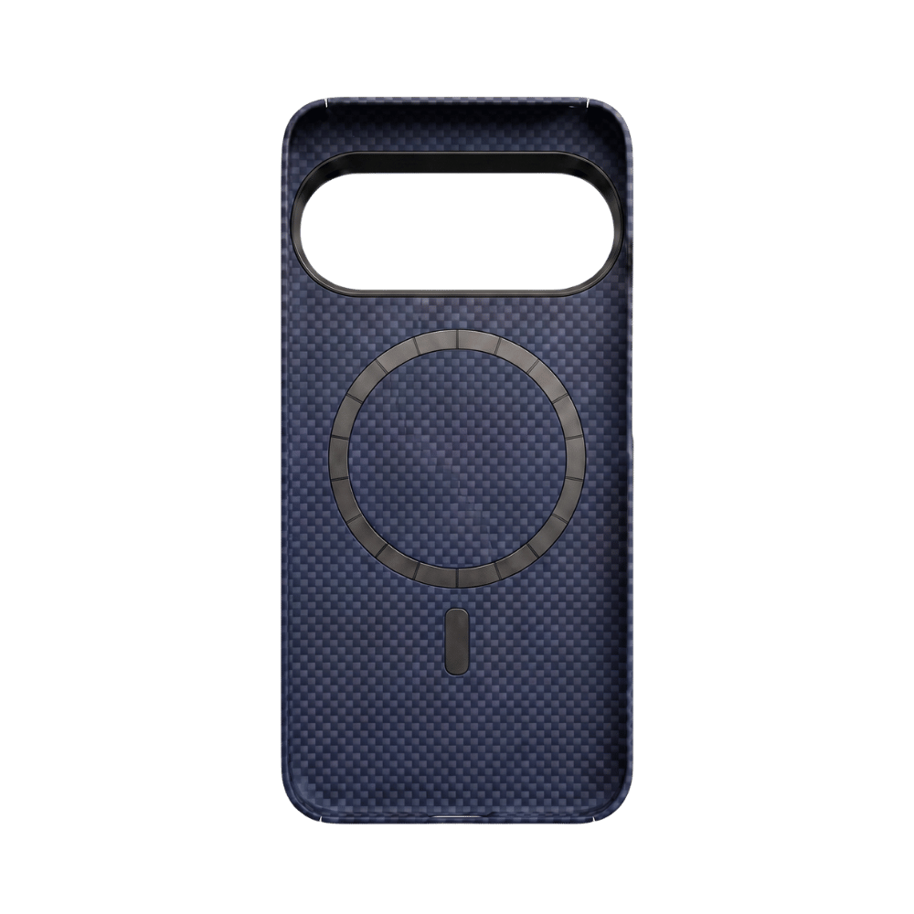 A dark blue Pixel 11 pro xl phone case with a carbon-fiber pattern, featuring a large horizontal camera cutout and a circular MagSafe-compatible ring on the back, shown against a solid green background.