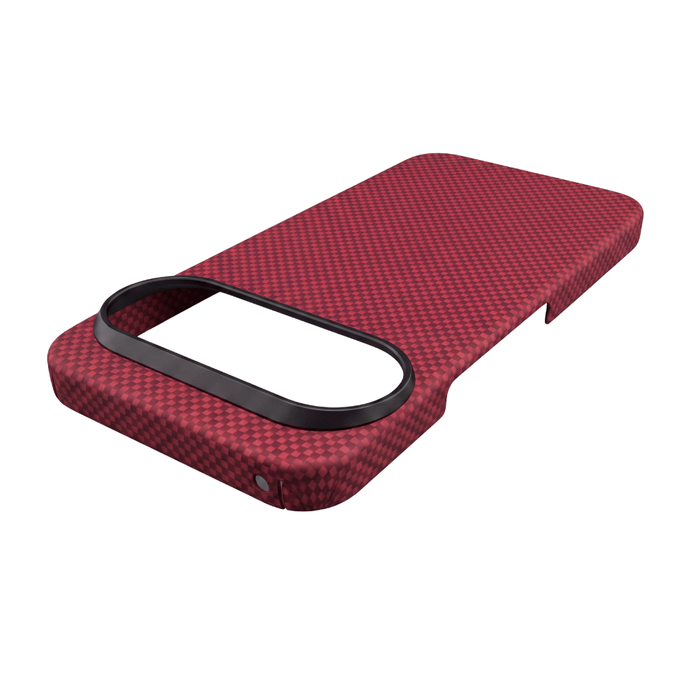 A red carbon fiber google pixel 11 pro xl  phone case with a black camera bezel, shown on a solid green background.