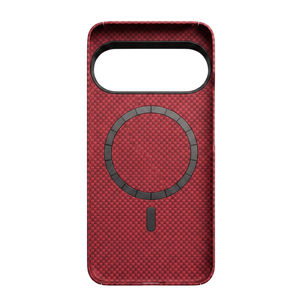 A red carbon fiber pixel 11 pro xl phone case with a black MagSafe ring and camera cutout, shown on a solid green background.