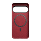 A red carbon fiber pixel 11 pro xl phone case with a black MagSafe ring and camera cutout, shown on a solid green background.