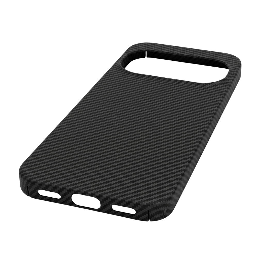 A black carbon fiber pixel 11 phone case with a large camera cutout and three small side cutouts, shown on a solid green background.