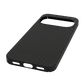 A black carbon fiber pixel 11 phone case with a large camera cutout and three small side cutouts, shown on a solid green background.