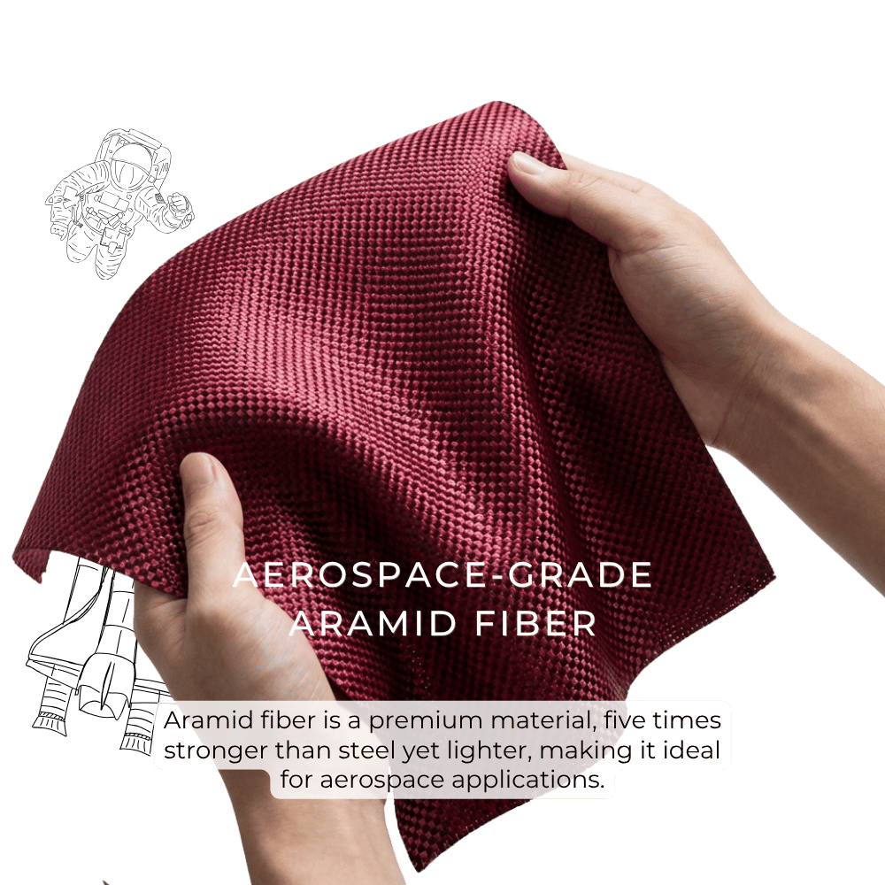 Durable aerospace-grade 600D aramid fiber graphic explaining Galaxy Z Flip 8 carbon fiber case strength.