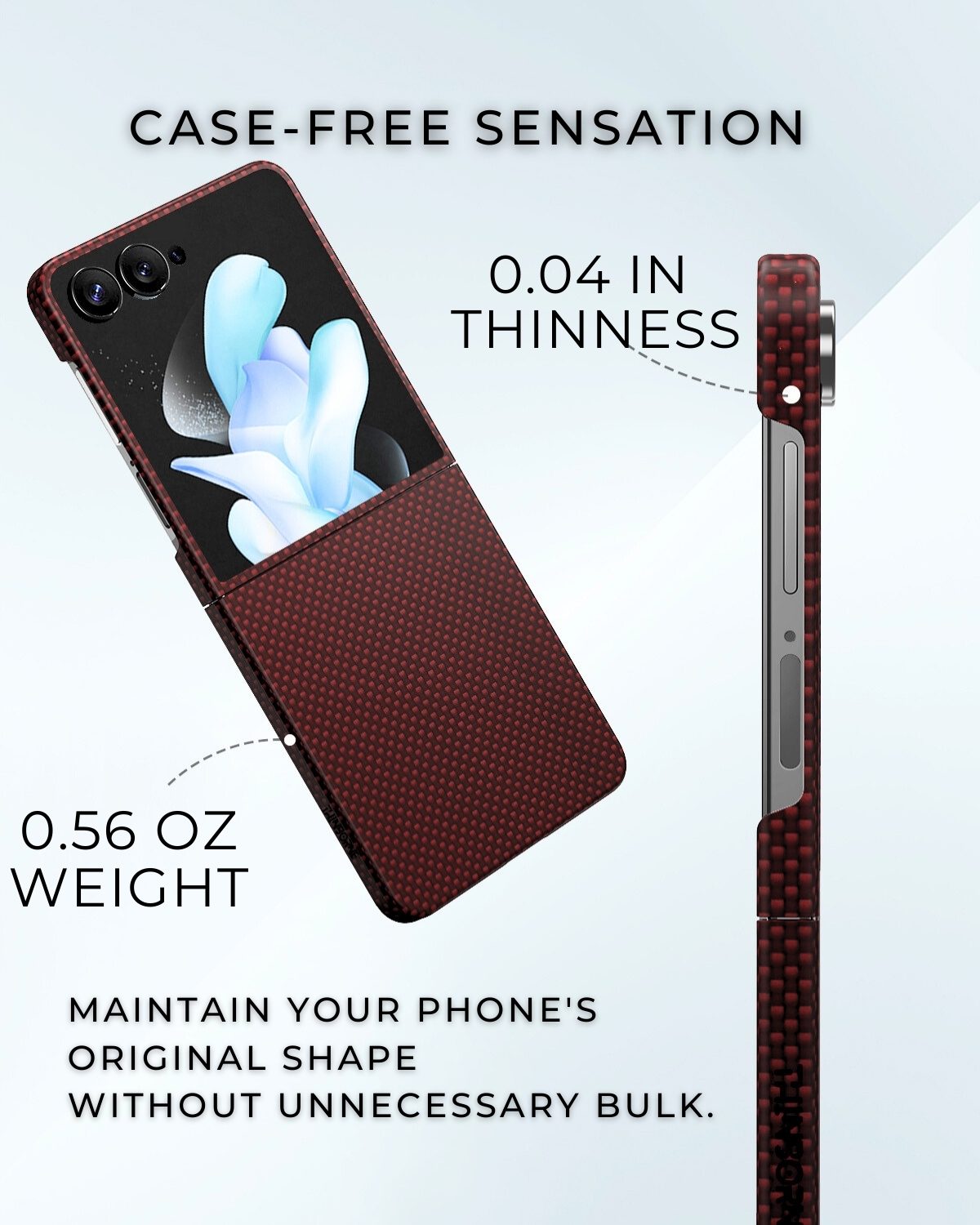 galaxy z flip 7 case with text highlighting thinness and weight on a light blue background