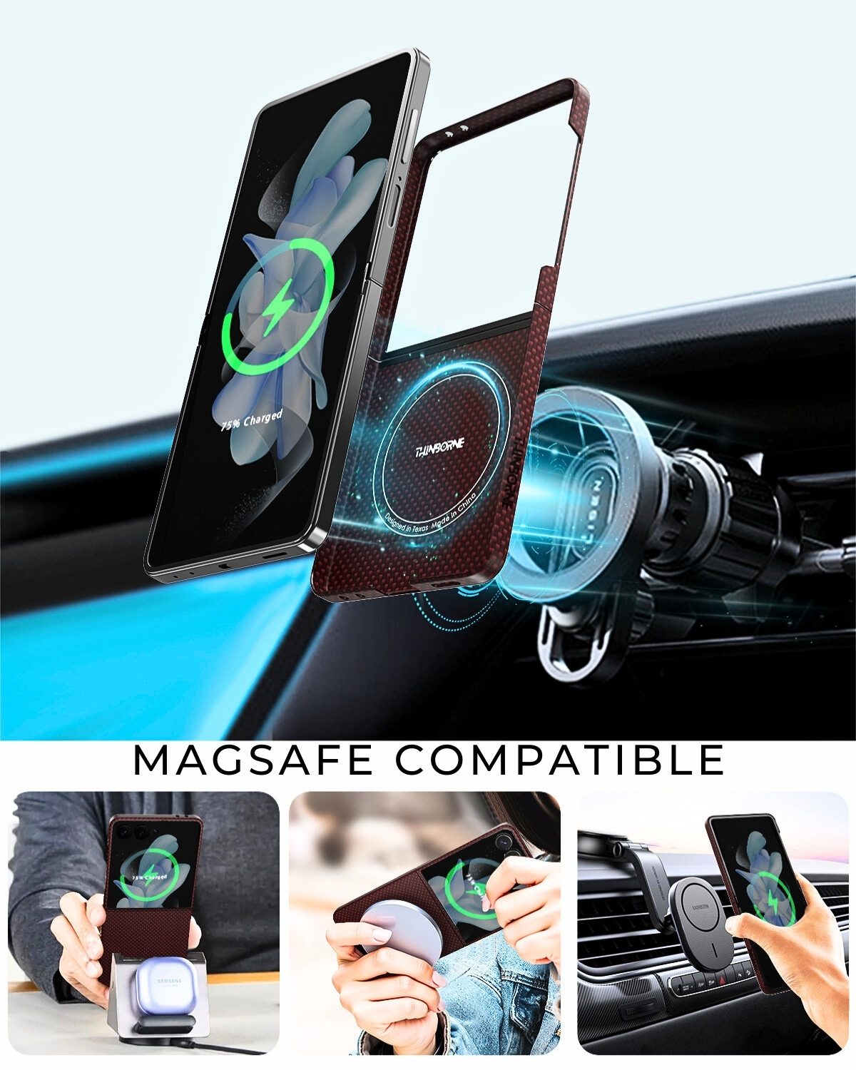 samsung galaxy z flip 7 Phone case with MagSafe compatibility feature displayed in a car and held by a person.