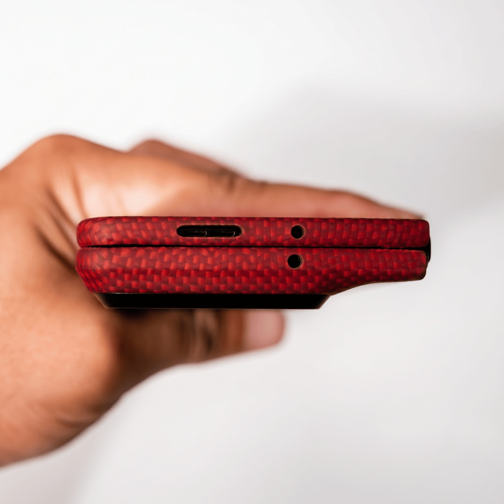showing the top side design of red motorola razr fold case
