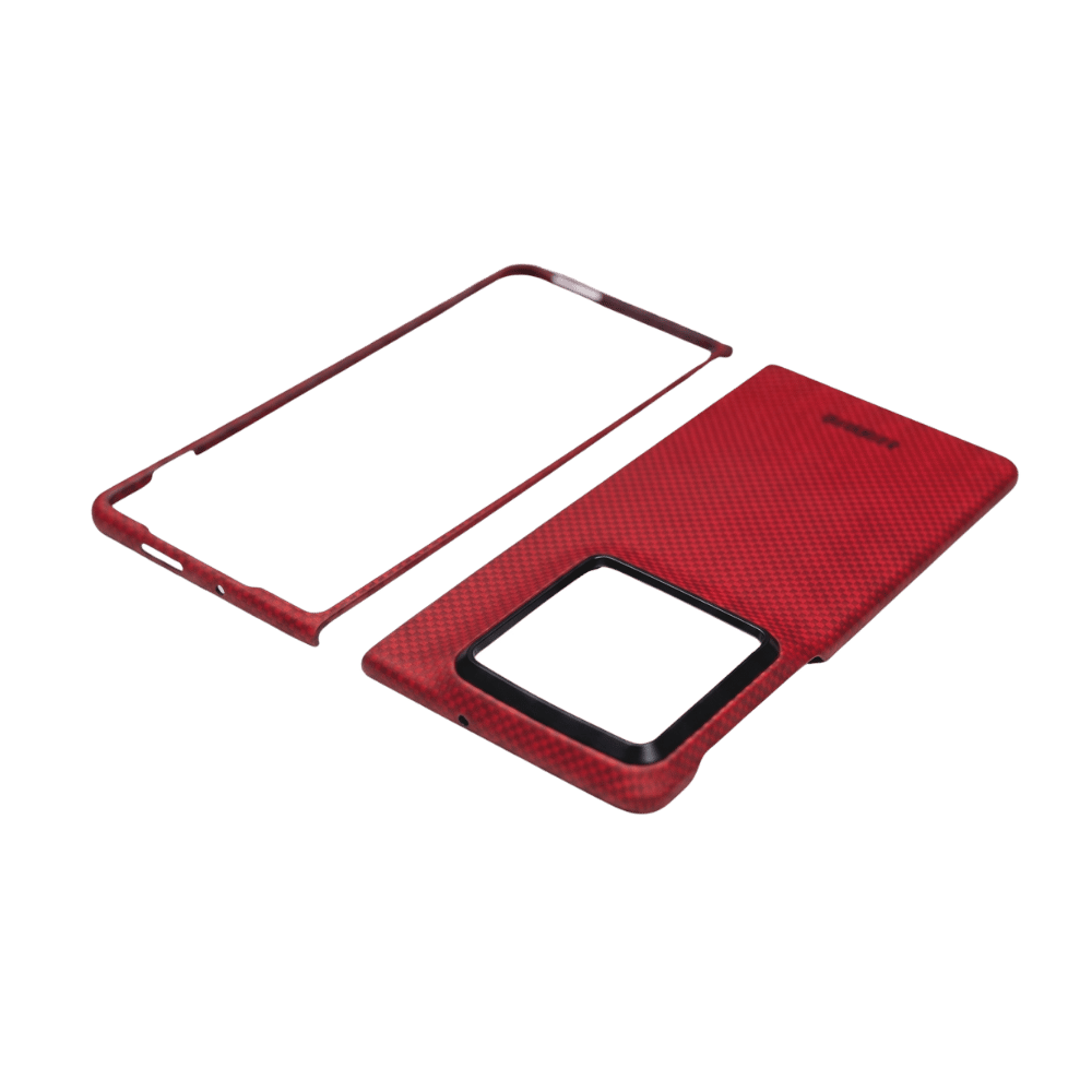 Red textured moto razr fold case with black border on a transparent background