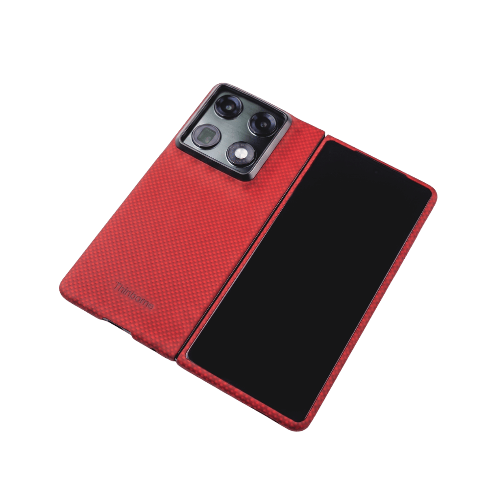 close shot of unfolded motorola razr fold with red aramid fiber case