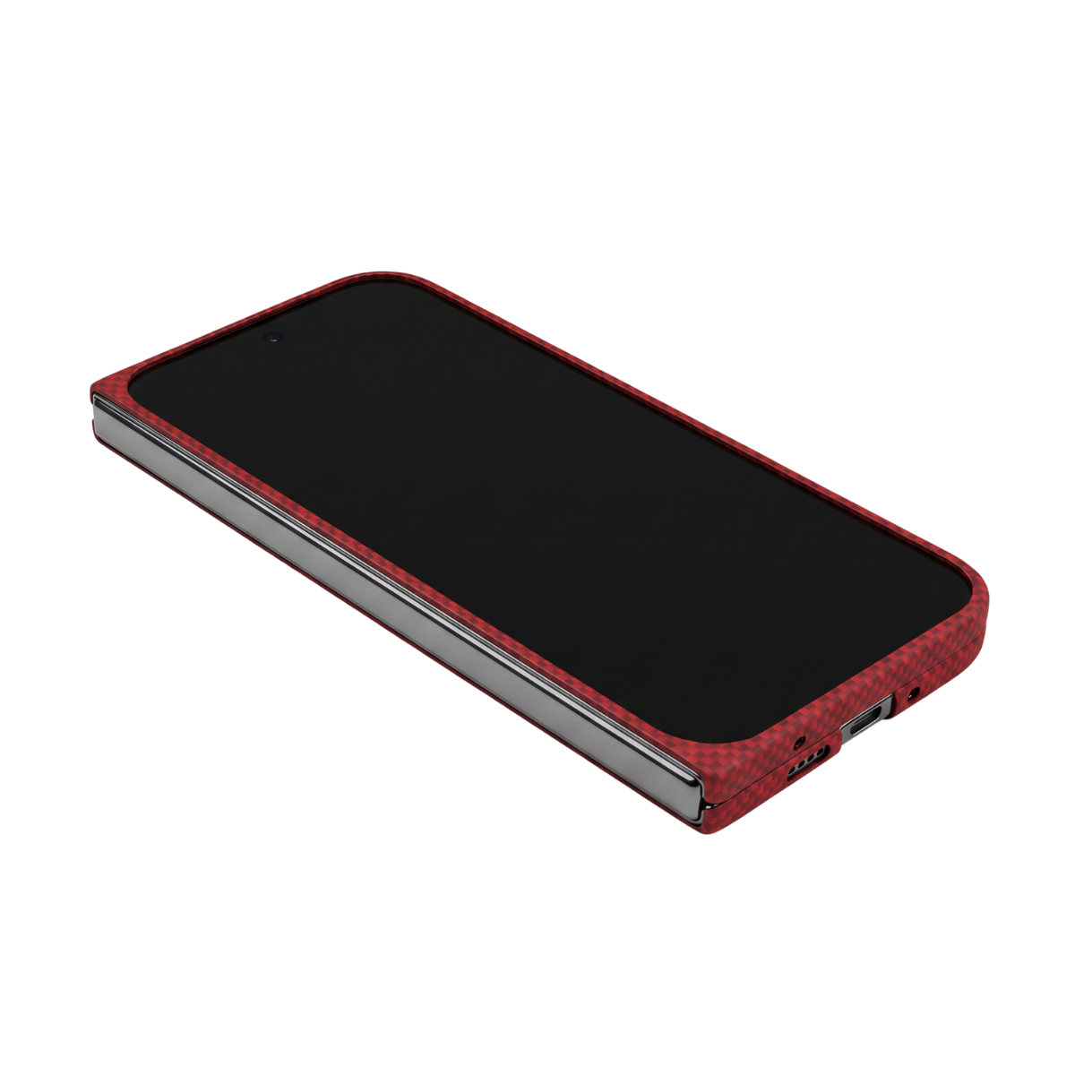 close shot of pixel 11 pro fold front screen with red aramid fiber cover